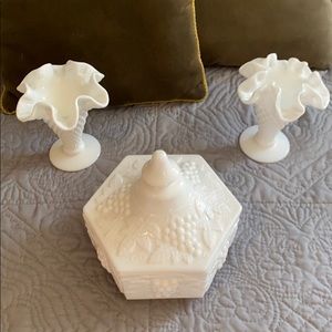 Milk glass vase and covered candy dish